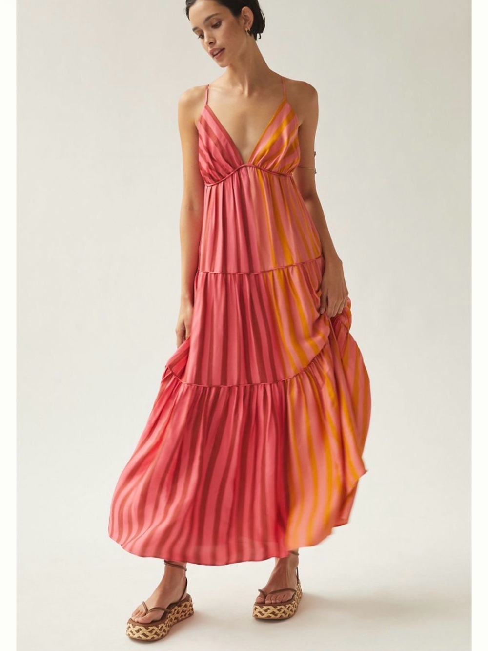 FARM Rio Coral Pink and Orange Tiered V‑Neck Maxi Dress